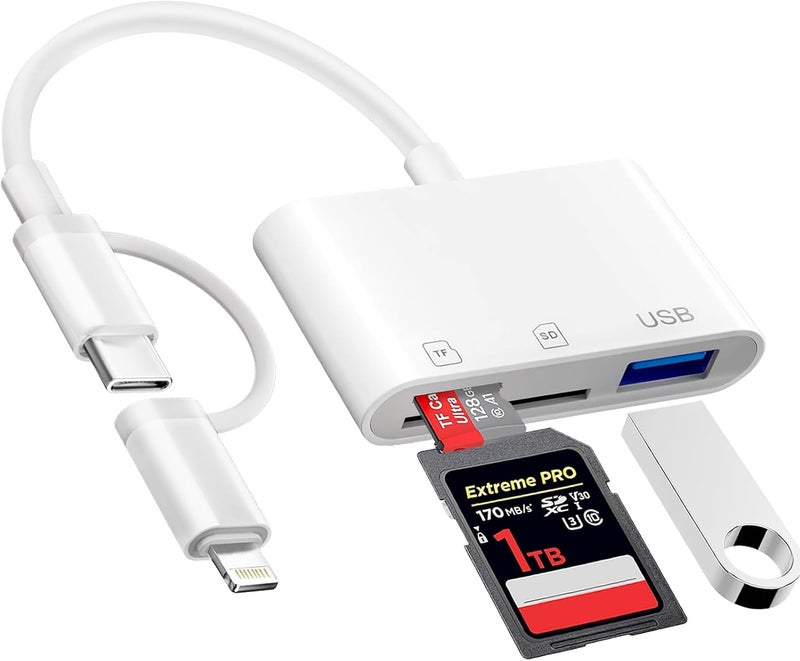 Denlane SD Card Reader for iPhone iPad Mac, USB C and Lightning Dual Interface Memory Card Reader, Digital Camera Adapter to iPhone SD Card Viewer with SD/Micro SD/USB-A 3 Slot, No App Plug and Play - Image 1